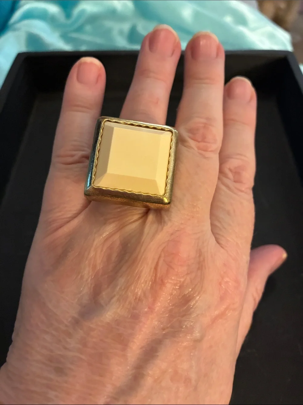 Statement Square Gold Ring with Cream Faceted Stone